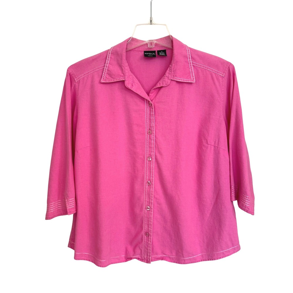 Pink Linen Blend Button‎ Front Shirt 3/4 Sleeve Women's Plus 1X Erika Coastal